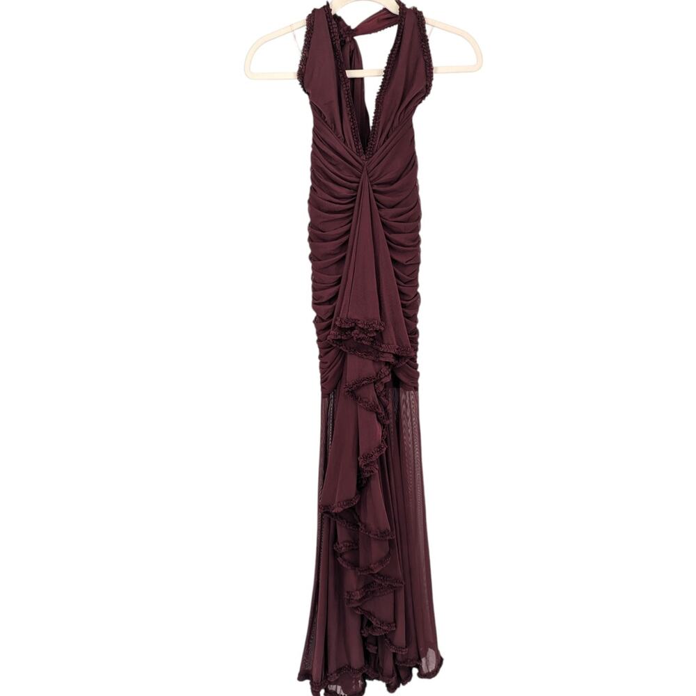 Plunge Halter Burgundy Mini Dress - Picture 4 of 6